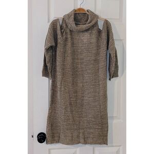 A&H Cowl Neck Sweater Dress Cold Shoulder Knit Tan Beige Large NWT‎